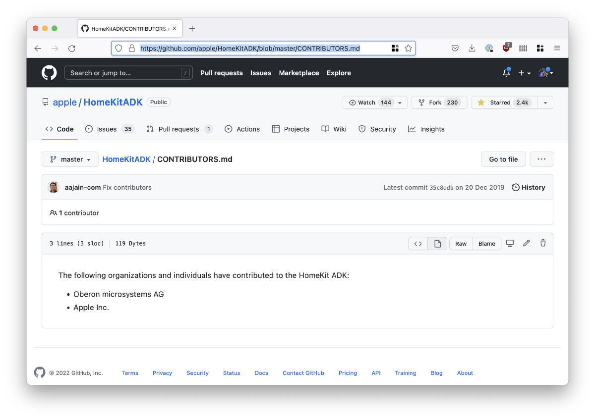 Screenshot of the HomeKit ADK repository on [github.com/apple/HomeKitADK](https://github.com/apple/HomeKitADK/)